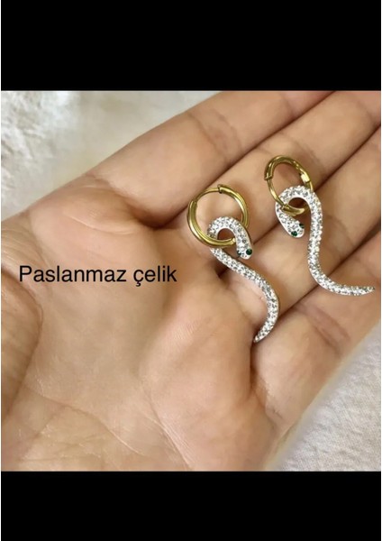 Ares Collection Paslanmaz Çelik Zirkon Taşlı Sallantılı Yılan Küpe