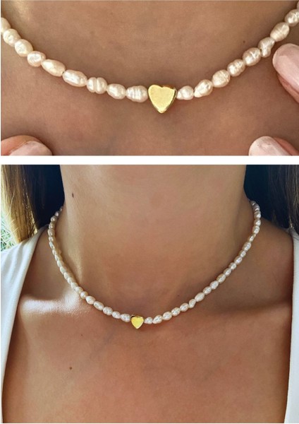 Gerçek 3 mm Kum Arpa Inci Kalpli 925 Ayar Gümüş Sevgiliye,anneye,arkadaşa Kolye,choker