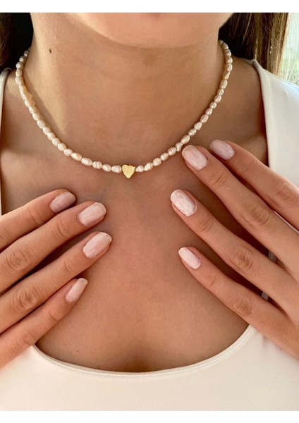 Gerçek 3 mm Kum Arpa Inci Kalpli 925 Ayar Gümüş Sevgiliye,anneye,arkadaşa Kolye,choker