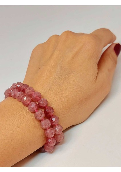 Çilek Kuvars Taşı Faset Kesim 8mm Unisex Ikili Bileklik