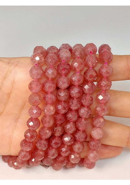 Çilek Kuvars Taşı Faset Kesim 8mm Unisex Ikili Bileklik modelleri