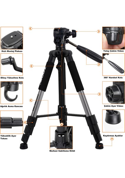 Q222 Profesyonel Tripod, Monopod Taşıma Çantası ve Telefon Tutucu