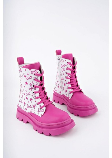 Pembe Beyaz Renkli Barbie Baskılı Fermuarlı Bağcıklı Lüks Kız Çocuk Botu