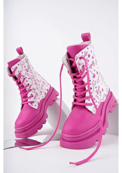 Pembe Beyaz Renkli Barbie Baskılı Fermuarlı Bağcıklı Lüks Kız Çocuk Botu fiyatları