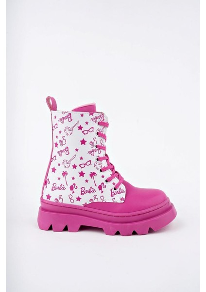 Pembe Beyaz Renkli Barbie Baskılı Fermuarlı Bağcıklı Lüks Kız Çocuk Botu modelleri
