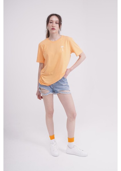 Palmiye Nakışlı Bisiklet Yaka Turuncu Unisex T-Shirt