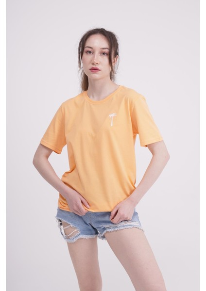 Palmiye Nakışlı Bisiklet Yaka Turuncu Unisex T-Shirt fiyatları