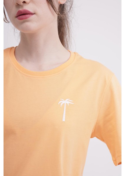 Palmiye Nakışlı Bisiklet Yaka Turuncu Unisex T-Shirt modelleri