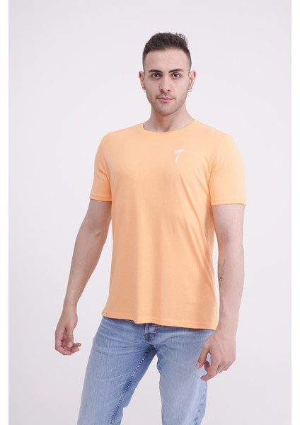 Palmiye Nakışlı Bisiklet Yaka Turuncu Unisex T-Shirt indirimleri