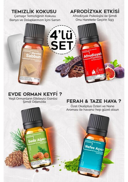 Cosmetics Aşk-I Sefa Serisi Saf Esansiyel Yağ , Oda Kokusu, Buhurdanlık Yağı, Difüzör Parfümü 4X10 ml Cam Şişe