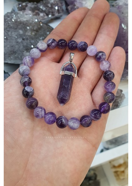 Sertifikalı Ametist Doğal Taş Bileklik 8 mm Aa Kalite ( Kolye Hediyeli ) ( Yaşam Enerjisi )