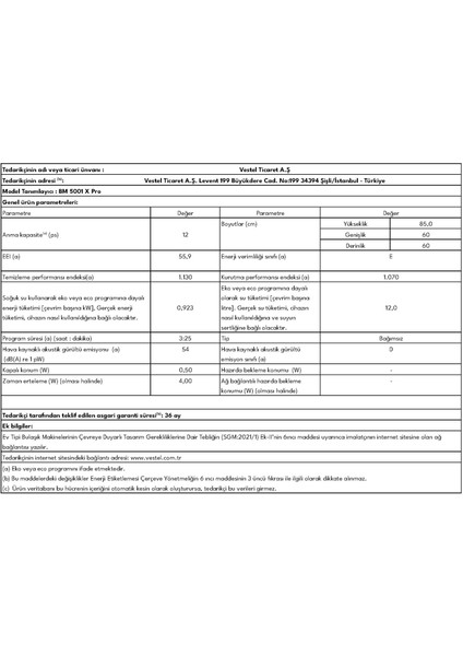 BM 5001 X Pro 5 Programlı Bulaşık Makinesi