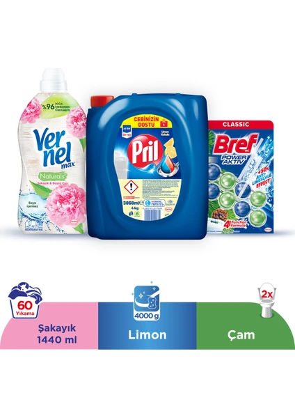 Limon 4 KG Sıvı Bulaşık Deterjanı, Vernel Max Naturals Şakayık ve Beyaz Çay 1.44L, Bref Power Aktiv Katı Tuvalet Bloğu Çam İkili