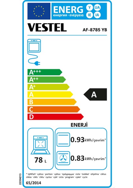 AF-8785 Yb 78 Lt A Enerji Sınıfı Ankastre Fırın