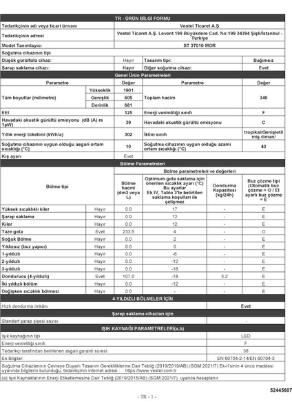 St 37010 Mor 340 Lt Statik Buzdolabı