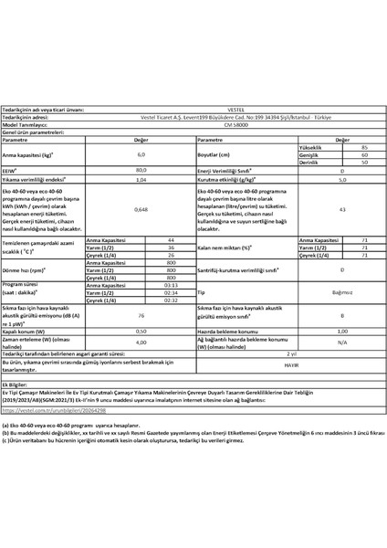 CM 58000 5 kg 800 Devir Çamaşır Makinesi