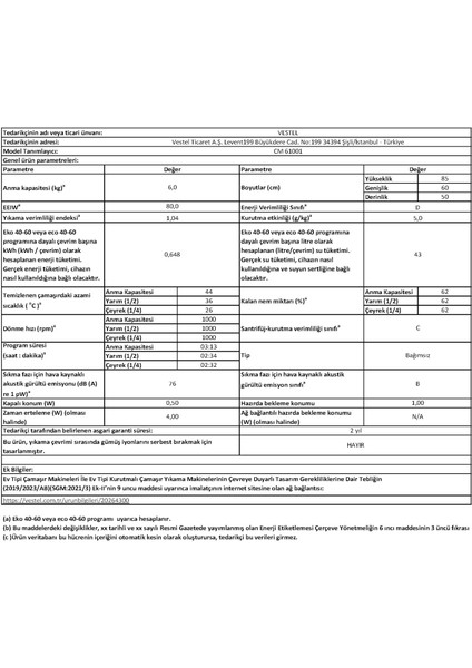 CM 61001 6 kg 1000 Devir Çamaşır Makinesi