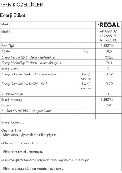 AF 7665 Sc Ankastre Fırın