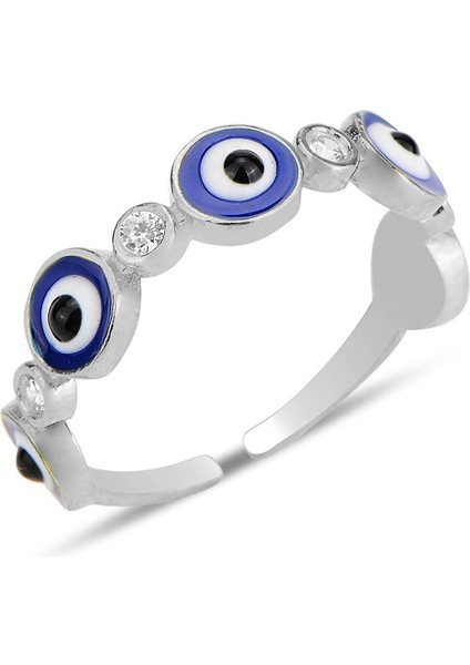 Gümüş Rodyumlu Zirkon Taşlı Alttan Ayarlanabilir Nazar Mineli Yüzük SGTL12225RODAJ