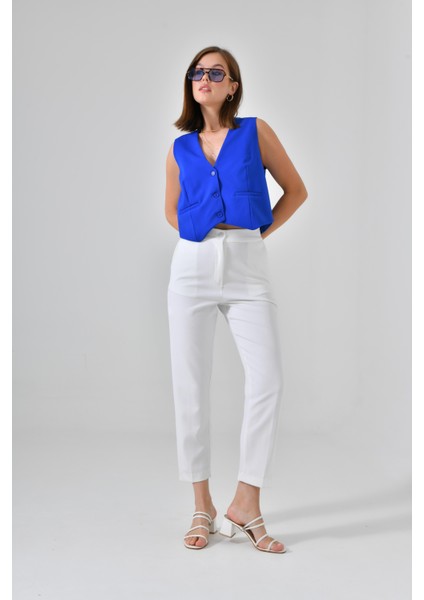 Saks Mavi Cep Detaylı Pensli 3 Düğme Kapama Astarlı Yelek fiyatları