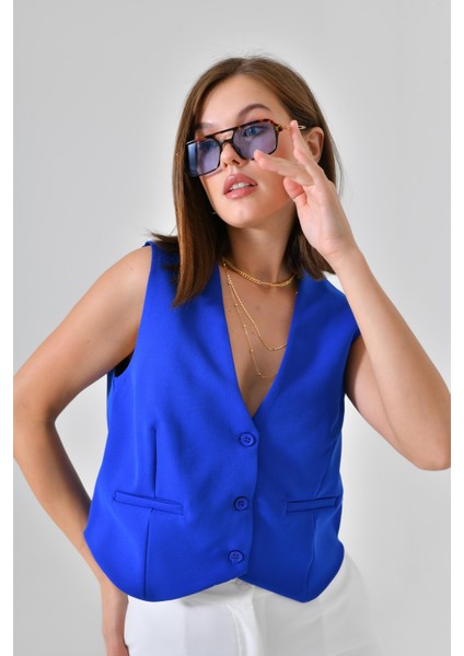 Saks Mavi Cep Detaylı Pensli 3 Düğme Kapama Astarlı Yelek modelleri