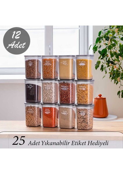 431-GR 12 Li Çok Amaçlı Kapaklı Etiketli Gıda Erzak Bakliyat Saklama Kabı Seti 1.30 Lt - Gri