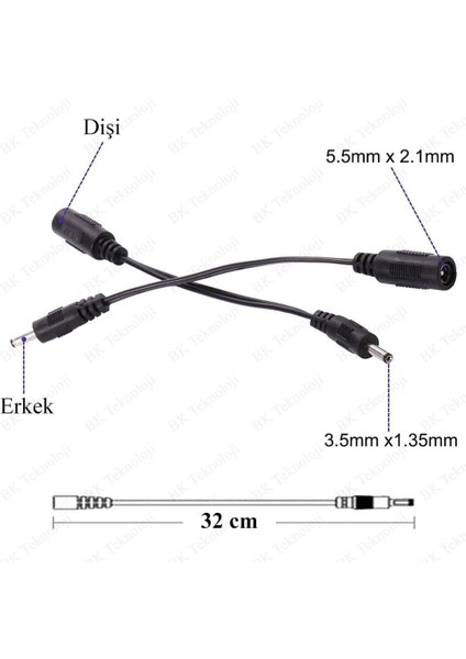 5.5mm x 2.1mm Dişi To 3.5mm x 1.35MM Erkek Dc Güç Adaptör Kablosu