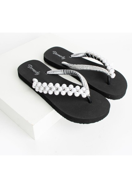 Kadın Siyah Gümüş Taşlı Rahat Parmak Arası Acıtmaz Terlik Flip Flops fırsatları