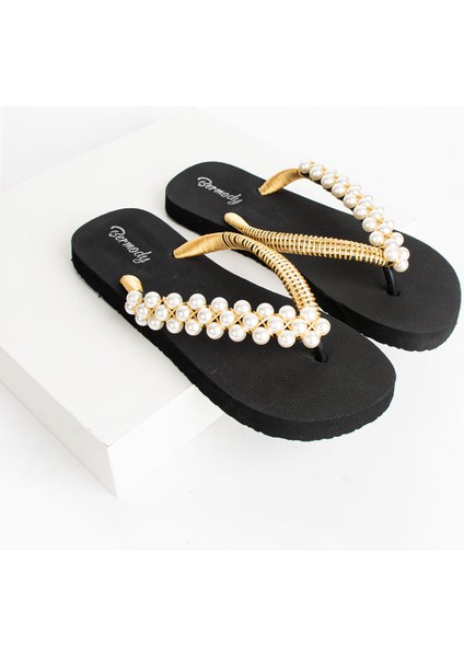 Kadın Siyah Taşlı Gold Parmak Arası Acıtmaz Terlik Flip Flops