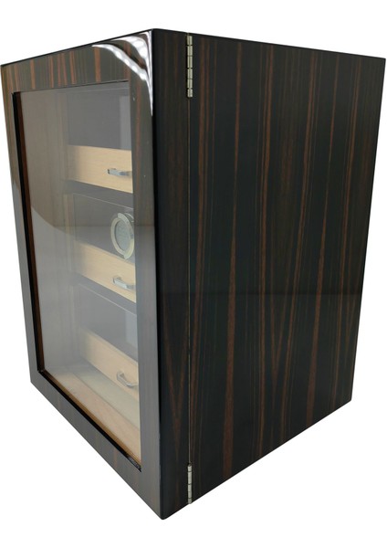 Çekmeceli 3 Katlı Kahverengi Önü Camlı Sedir Humidor Puro Kutusu RC77