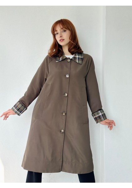 Ekose Yaka İngiliz Stili Tasarım Trenchcoat Kadın Hâkî modelleri