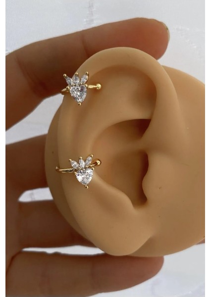 Ares Collection Kararmaz Zirkon Taşlı Kalp Earcuff Sıkıştırmalı Kıkırdak Conch Orbital Delik Gerektirmeyen Küpe