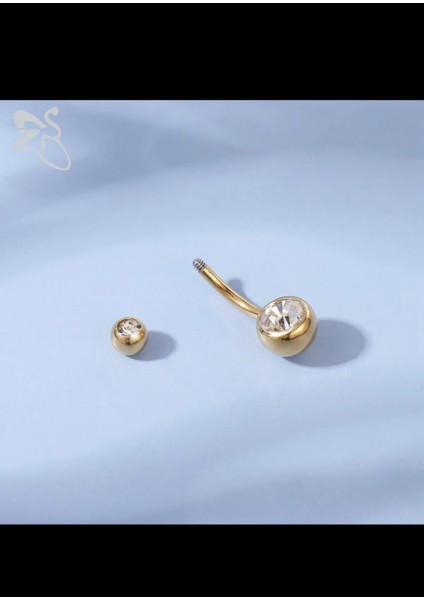 316L Cerrahi Çelik Çift Taşlı Gold Renk Göbek Piercingi