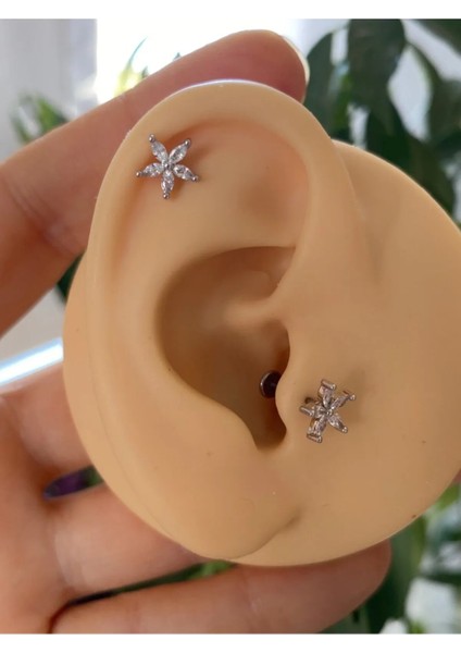 Cerrahi Çelik Zirkon Taşlı Önden Takmalı Arkası Düz Tragus Helix Kıkırdak Conch Lobe Piercing Küpe Lbrt