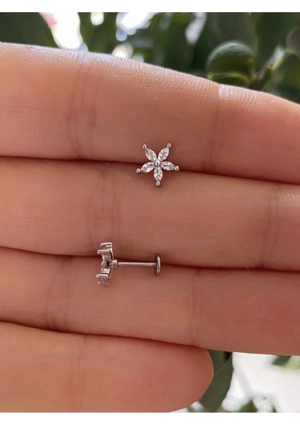 Cerrahi Çelik Zirkon Taşlı Önden Takmalı Arkası Düz Tragus Helix Kıkırdak Conch Lobe Piercing Küpe Lbrt