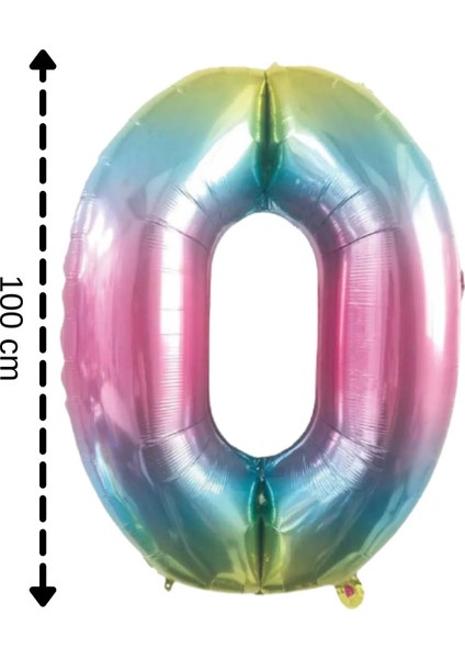 Gökkuşağı Renkli Folyo Balon 0 Rakamı Helyum Balon 100 cm