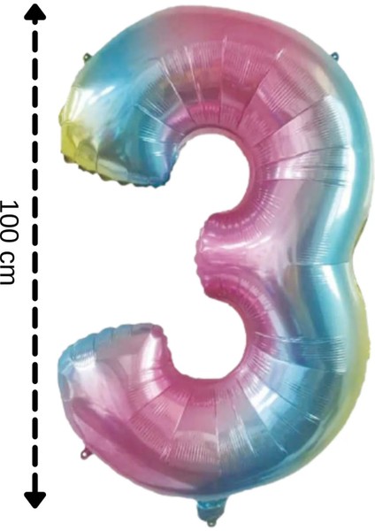 Gökkuşağı Renkli Folyo Balon 3 Rakamı Helyum Balon 100 cm