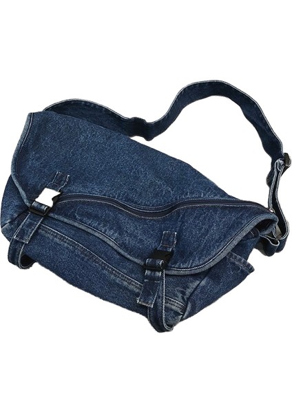 Retro Yıkanmış Denim Büyük Çanta Kadın Rahat Büyük Kapasiteli Tek Omuz Çapraz Çanta Kanvas Çanta (Yurt Dışından)