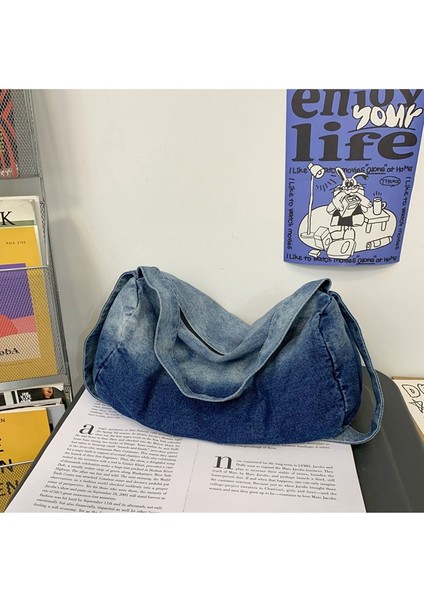Denim Tuval Çanta Kadın Minimalist Gradyan Messenger Çanta Büyük Kapasiteli Omuz Çantası (Yurt Dışından) fiyatları