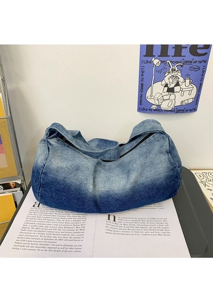 Denim Tuval Çanta Kadın Minimalist Gradyan Messenger Çanta Büyük Kapasiteli Omuz Çantası (Yurt Dışından) fırsatları