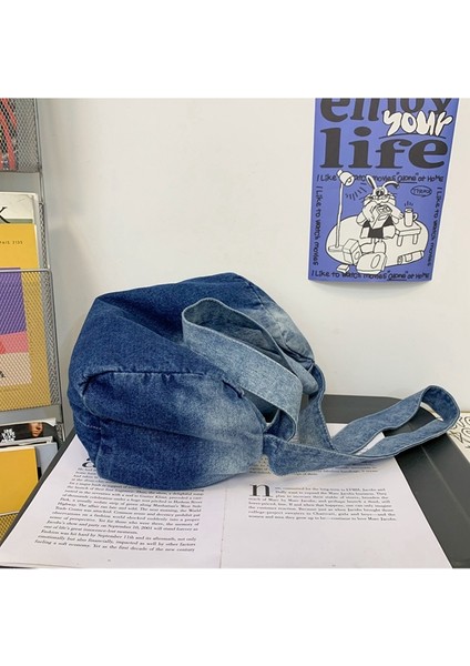 Denim Tuval Çanta Kadın Minimalist Gradyan Messenger Çanta Büyük Kapasiteli Omuz Çantası (Yurt Dışından) modelleri