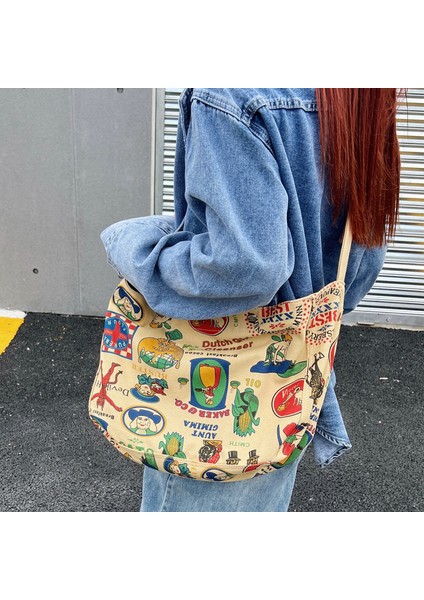 Gündelik Çapraz Çanta Kadın Retro Baskılı Kanvas Çanta Üniversite Öğrencileri Büyük Kapasiteli Tite Çanta Kadın Çantası (Yurt Dışından) modelleri