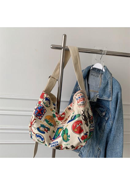 Gündelik Çapraz Çanta Kadın Retro Baskılı Kanvas Çanta Üniversite Öğrencileri Büyük Kapasiteli Tite Çanta Kadın Çantası (Yurt Dışından) fırsatları