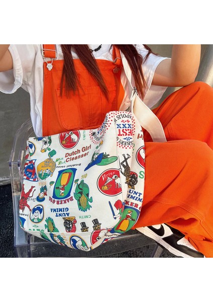 Gündelik Çapraz Çanta Kadın Retro Baskılı Kanvas Çanta Üniversite Öğrencileri Büyük Kapasiteli Tite Çanta Kadın Çantası (Yurt Dışından) indirimleri