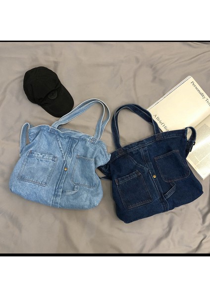 Denim Kanvas Çanta Kadın Vintage Taşınabilir Alışveriş Çantası Büyük Kapasiteli Eğlence Kolej Tarzı Omuz Çapraz Omuz Çanta (Yurt Dışından) modelleri
