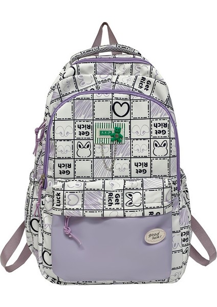 Kadın Orta ve Lise Öğrencileri Için Sevimli Grafiti Ekose Sırt Çantası Okul Çantası Rahat Naylon Büyük Kapasiteli Sırt Çantası (Yurt Dışından)