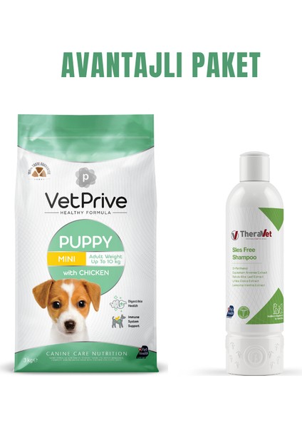 Vet Prive Mini ve Küçük Irk Yavru Köpek Maması Tavuklu 3 kg + Theravet Kedi ve Köpek Şampuanı 200 ml Avantaj Paketi