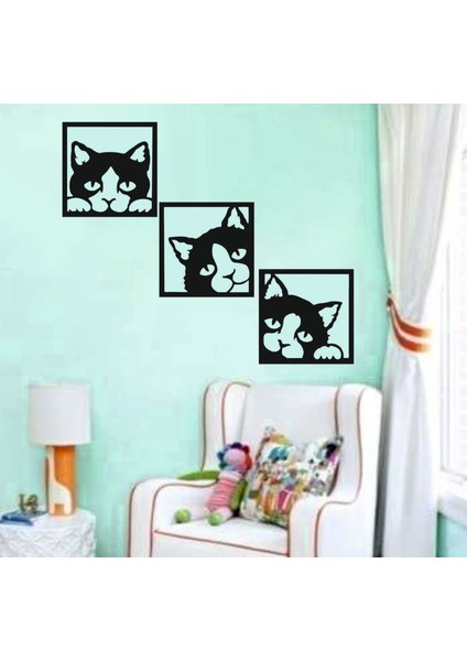 3'lü Minnoş Kedi Dekoratif Ahşap Duvar Dekoru 20 x 20 cm