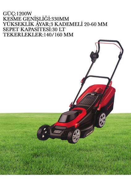 Dakkin 1200W Elektrikli Çim Biçme Makinesi 30 Lt Sepetli