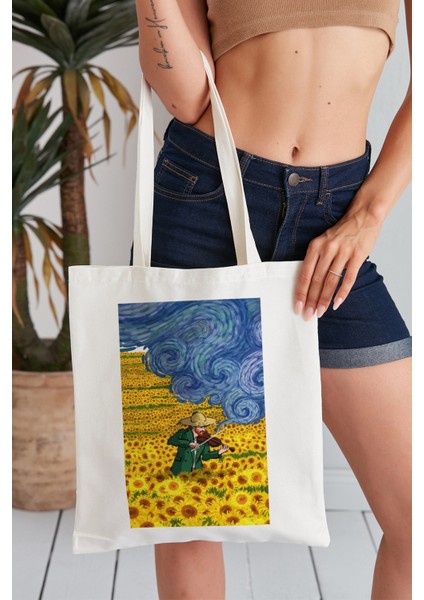 Sunflowers Stary Night Van Gogh Model Baskılı Günlük Kullanım Özel Baskı Bez Omuz Çantası Hediyelik Tote Bag fırsatları